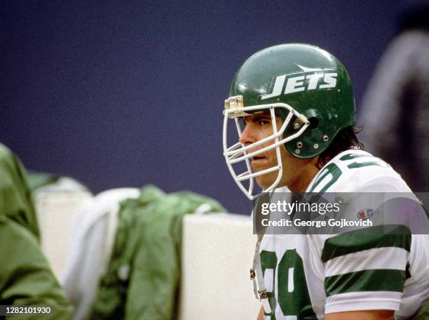 Defensive lineman Mark Gastineau of the New York Jets looks on from the sideline during a National Football League game at Giants Stadium circa 1988...