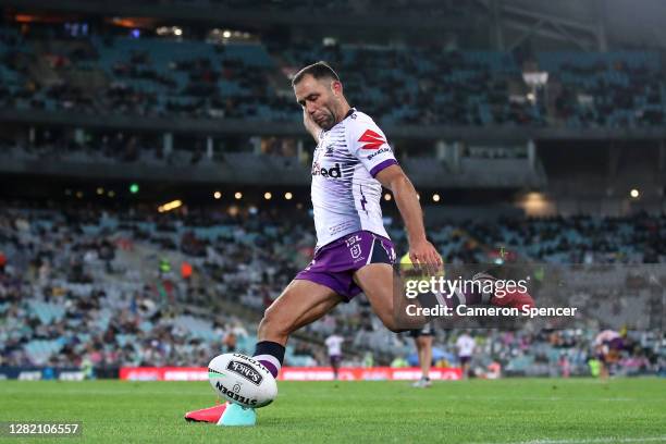 Cameron Smith of the Storm kicks a conversion during the 2020 NRL Grand Final match between the Penrith Panthers and the Melbourne Storm at ANZ...