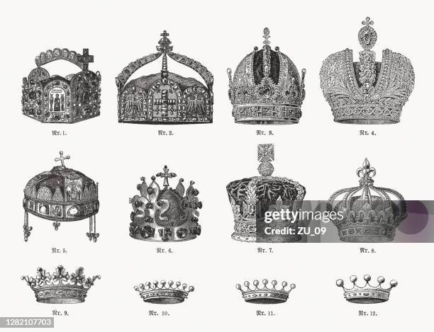 europäische kronen, holzstiche, erschienen 1893 - ungarische kultur stock-grafiken, -clipart, -cartoons und -symbole