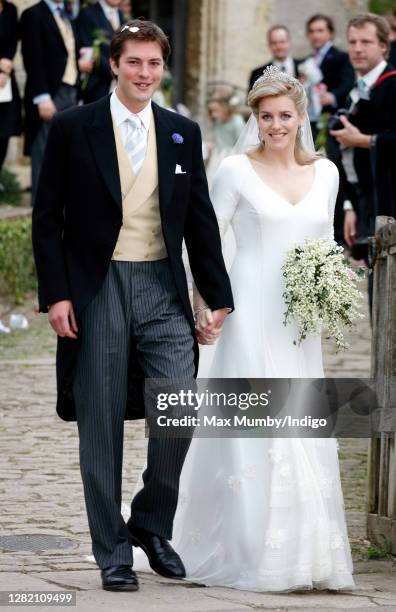 Harry Lopes and Laura Parker Bowles depart after their wedding at St Cyriac's Church on May 6, 2006 in Lacock, England.