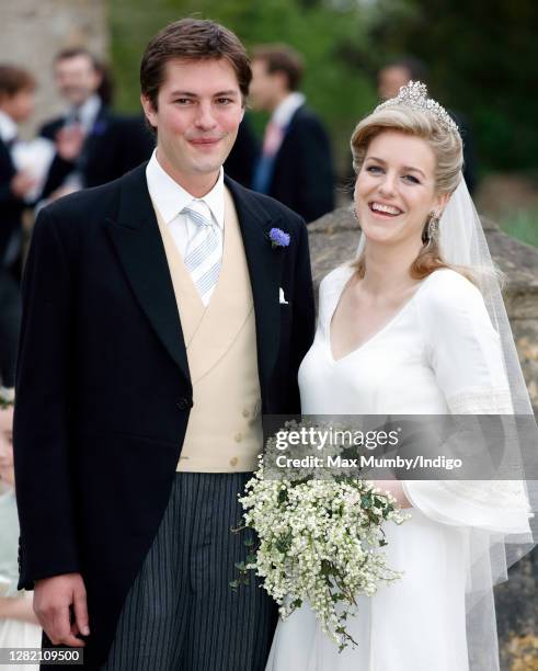 Harry Lopes and Laura Parker Bowles depart after their wedding at St Cyriac's Church on May 6, 2006 in Lacock, England.