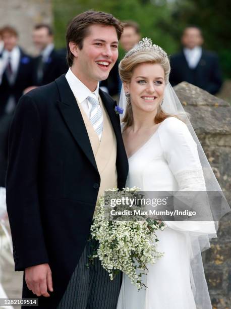 Harry Lopes and Laura Parker Bowles depart after their wedding at St Cyriac's Church on May 6, 2006 in Lacock, England.