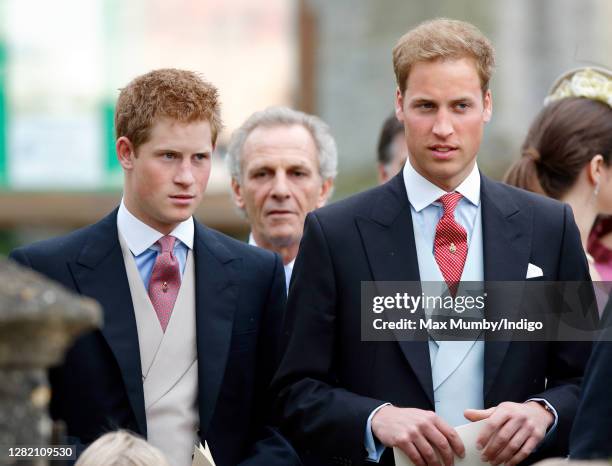 Prince Harry and Prince William attend the wedding of Laura Parker Bowles and Harry Lopes at St Cyriac's Church on May 6, 2006 in Lacock, England.