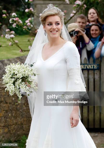 Laura Parker Bowles arrives for her wedding to Harry Lopes at St Cyriac's Church on May 6, 2006 in Lacock, England.