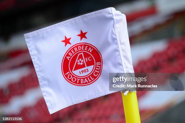 Detail view of a corner flag prior to the Ladbrokes Scottish Premiership match between Aberdeen and Celtic at Pittodrie Stadium on October 25, 2020...