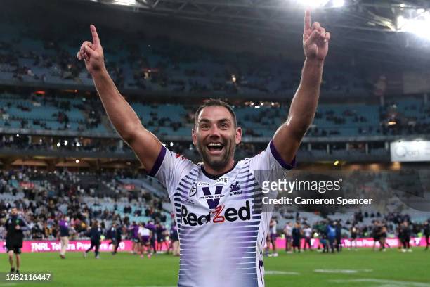 Cameron Smith of the Storm celebrates after winning the 2020 NRL Grand Final match between the Penrith Panthers and the Melbourne Storm at ANZ...