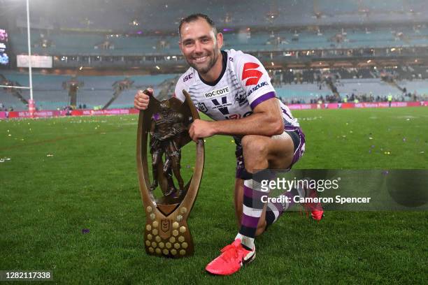 Cameron Smith of the Storm poses with the Premiership trophy after winning the 2020 NRL Grand Final match between the Penrith Panthers and the...