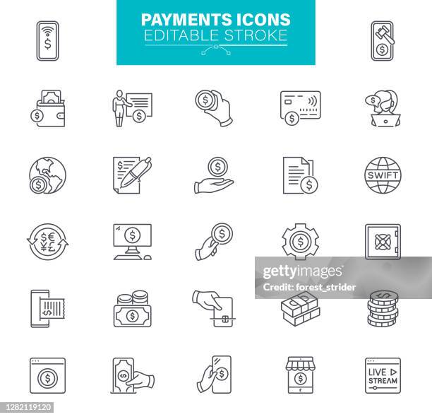 zahlungssymbole bearbeitbarer strich. das set enthält symbole wie kreditkarte, mobile payment, kaufen - financial bill stock-grafiken, -clipart, -cartoons und -symbole