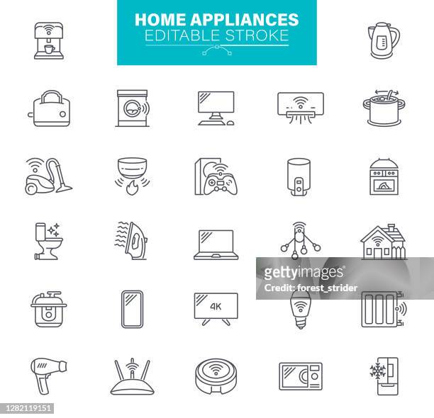 stockillustraties, clipart, cartoons en iconen met de set bevat pictogrammen als smart home, router, huishoudelijke apparaten - stofzuiger