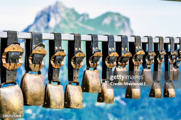 row of cow bells hanging outdoors - cowbell stock pictures, royalty-free photos & images