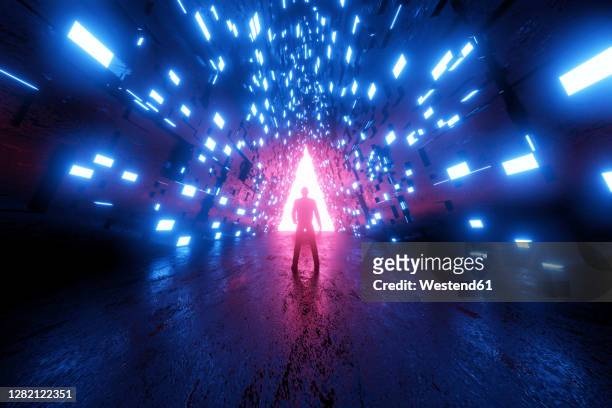 three dimensional render of person standing in front of triangle shaped glowing gate - magenta stock illustrations