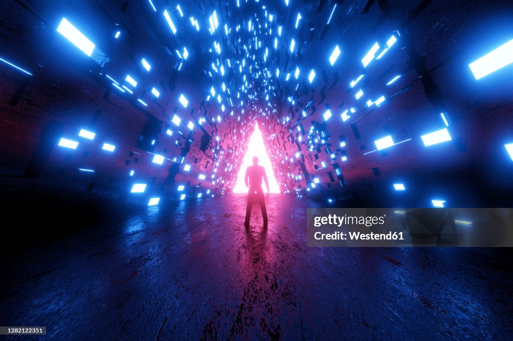 Three dimensional render of person standing in front of triangle shaped glowing gate