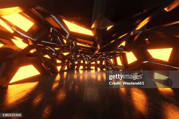 three dimensional render of bizarre corridor inside spaceship or space station - spaceship inside stock illustrations