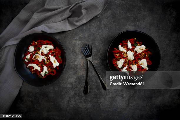 two bowls of vegetarian salad with red bell peppers, mozzarella, roasted pine nuts, parsley and chive - roasted pepper stock pictures, royalty-free photos & images