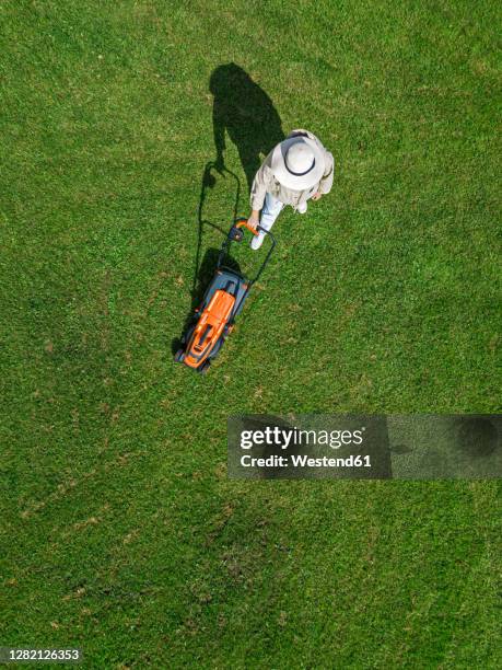 woman with lawn mower standing on grass - handgrasmaaier stockfoto's en -beelden