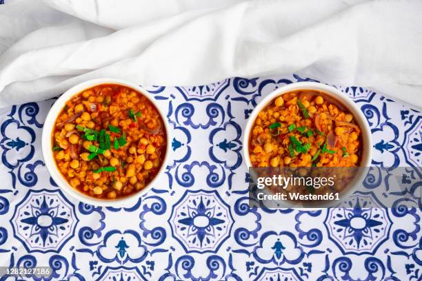 two bowls of vegan stew with chick-peas, red lentils, tomatoes, spanish onions and mint - plat mijoté photos et images de collection