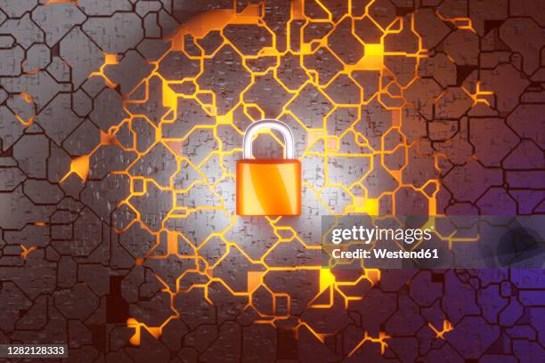 orange security padlock in circuit board - electronic lock stock illustrations