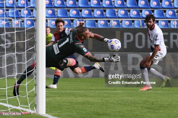 The F.C. Crotone goalkeeper Alex Cordaz saves the ball during the Serie A match between Cagliari Calcio and FC Crotone at Sardegna Arena on October...