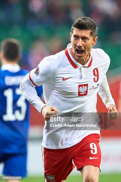 Robert Lewandowski from Poland celebrates after scoring during the UEFA Nations League group stage match between Poland and Bosnia-Herzegovina at...