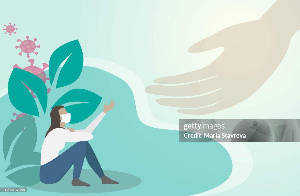 Ayudar a la mano, el apoyo, el cuidado o el concepto de caridad. Después de Covid-19