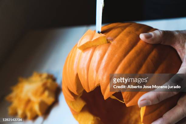 woman's hands with a knife cutting a pumpkin preparing halloween - carving stock-fotos und bilder
