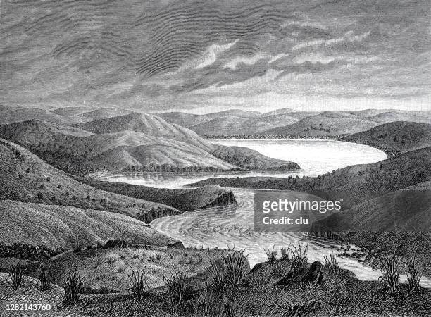 congo river meandering - landscape black and white stock illustrations