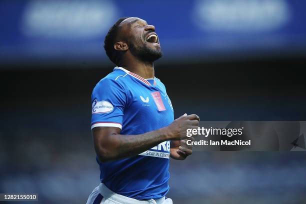 Jermain Defoe of Rangers celebrates after scoring his team's second goal at Ibrox Stadium on October 25, 2020 in Glasgow, Scotland. Sporting stadiums...