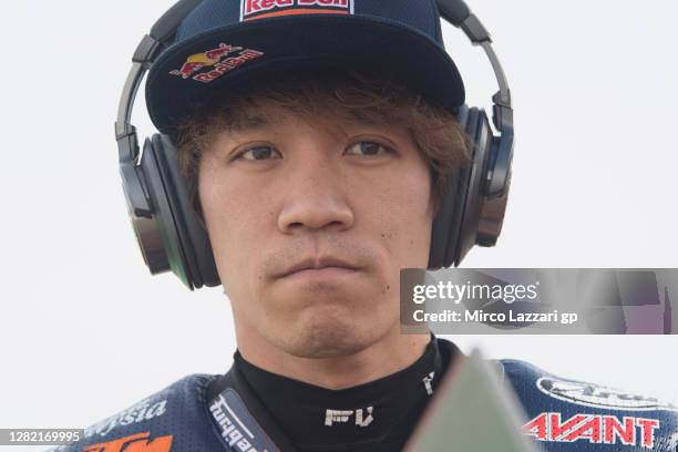 Tetsuta Nagashima of Japan and Red Bull KTM Ajo looks on on the grid during the Moto2 race during the MotoGP of Teruel at Motorland Aragon Circuit on...