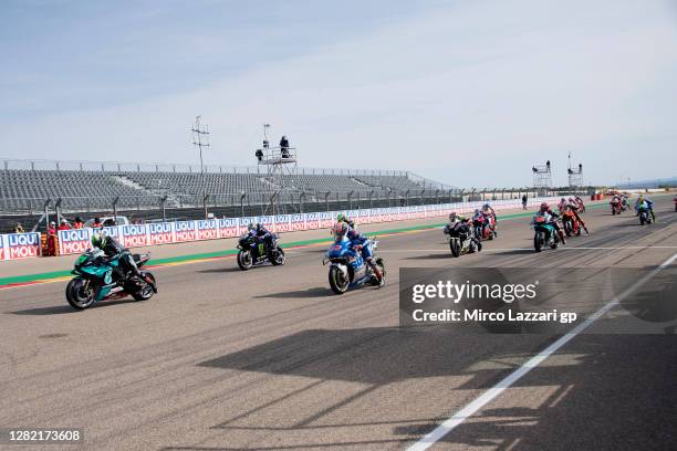 The MotoGP riders start from the grid during the MotoGP race during the MotoGP of Teruel at Motorland Aragon Circuit on October 25, 2020 in Alcaniz,...