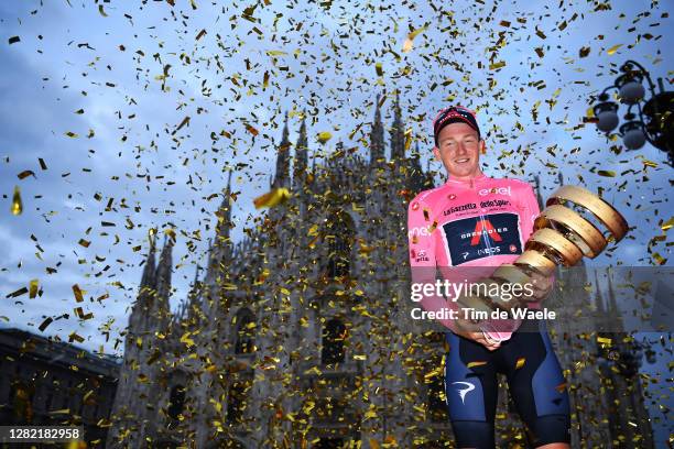 Podium / Tao Geoghegan Hart of The United Kingdom and Team INEOS Grenadiers Pink Leader Jersey / Celebration / Trofeo Senza Fine / Trophy / Duomo di...