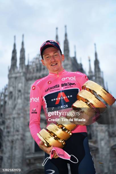 Podium / Tao Geoghegan Hart of The United Kingdom and Team INEOS Grenadiers Pink Leader Jersey / Celebration / Trofeo Senza Fine / Trophy / Duomo di...