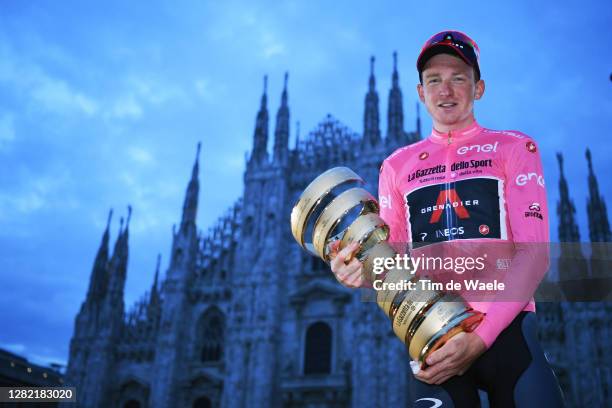 Podium / Tao Geoghegan Hart of The United Kingdom and Team INEOS Grenadiers Pink Leader Jersey / Celebration / Trofeo Senza Fine / Trophy / Duomo di...