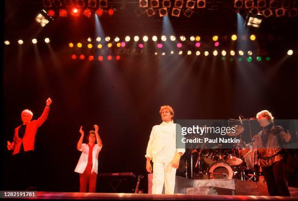 The members of Progressive Rock group Yes take a bow after their performance at the Rosemont Horizon, Rosemont, Illinois, March 8, 1984. Pictured are...