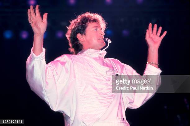 English Progressive Rock musician Jon Anderson, of the group Yes, performs onstage at the Rosemont Horizon, Rosemont, Illinois, March 8, 1984.