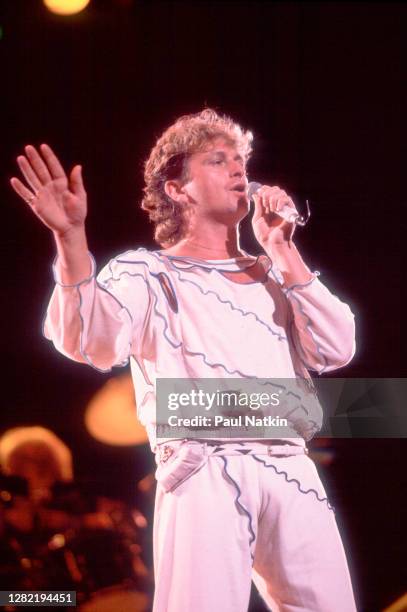 English Progressive Rock musician Jon Anderson, of the group Yes, performs onstage at the Poplar Creek Music Theater, Hoffman Estates, Illinois, May...