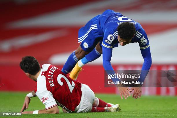 Hector Bellerin of Arsenal tackles James Justin of Leicester City during the Premier League match between Arsenal and Leicester City at Emirates...