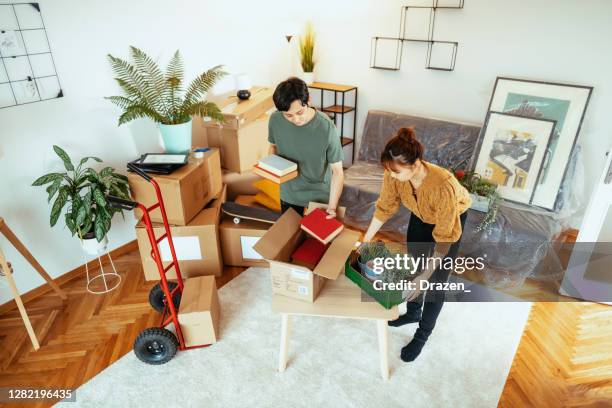 japanische familie zieht in neue wohnung, mit topfpflanzen und büchern - sackkarre stock-fotos und bilder