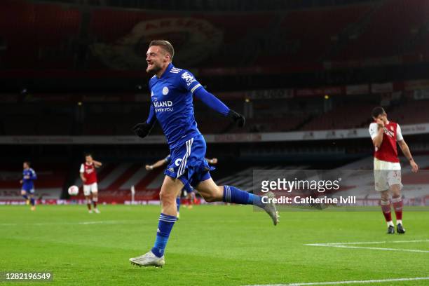 Jamie Vardy of Leicester City celebrates after scoring his team's first goal during the Premier League match between Arsenal and Leicester City at...