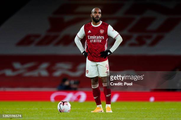 Alexandre Lacazette of Arsenal looks dejected after conceding their sides first goal during the Premier League match between Arsenal and Leicester...
