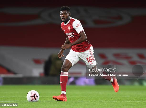 Thomas Partey of Arsenal during the Premier League match between Arsenal and Leicester City at Emirates Stadium on October 25, 2020 in London,...