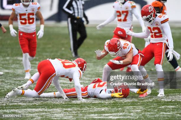 Tyrann Mathieu of the Kansas City Chiefs celebrates after recovering a fumble against the Denver Broncos in the first quarter of their NFL game at...