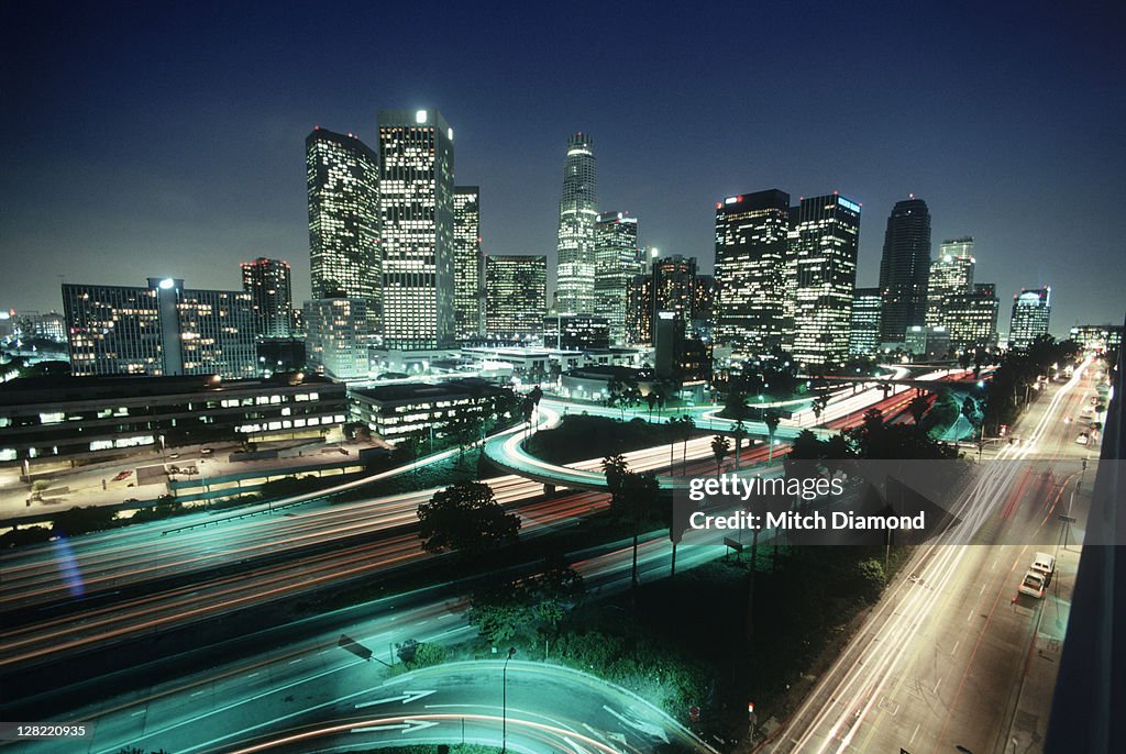 View of night traffic, Los Angeles, CA