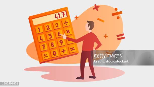 mann berührt einen großen taschenrechner - price calculator stock-grafiken, -clipart, -cartoons und -symbole