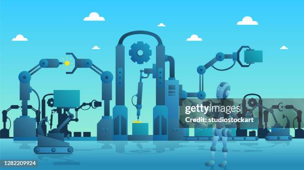 stockillustraties, clipart, cartoons en iconen met slim productieproces in de industrie - engineer gearwheel factory