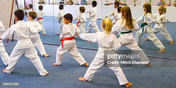 children participating in karate workout - arts martiaux photos et images de collection