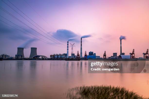 view of coal-fired power station,shanghai,china - gas plant sunset stock pictures, royalty-free photos & images