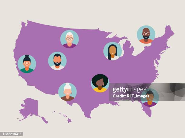 illustrazioni stock, clip art, cartoni animati e icone di tendenza di illustrazione di diversi avatar posizionati sulla mappa degli stati uniti - stati uniti d'america