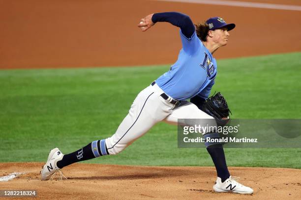 Tyler Glasnow of the Tampa Bay Rays delivers the pitch against the Los Angeles Dodgers during the first inning in Game Five of the 2020 MLB World...