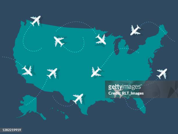 illustration of airplane flights on united states map - higher return stock illustrations