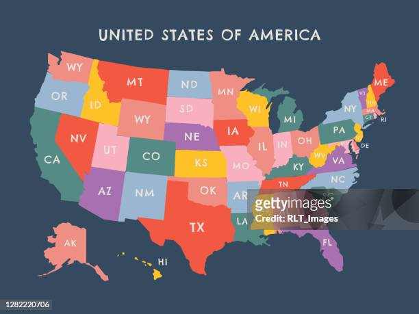 illustrazioni stock, clip art, cartoni animati e icone di tendenza di illustrazione colorata della mappa vettoriale degli stati uniti con etichette di stato - stati uniti d'america